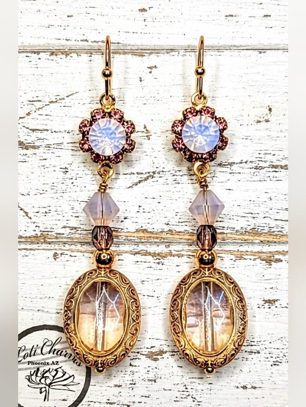 Victorian Swarovski  Pink Flower Crystal W/ Pink Opaline In Gold Plated Earrings